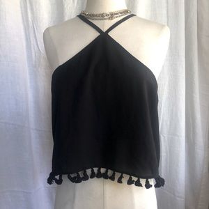 Ali & Jay  black crop top with tassel detail edge and v straps size M